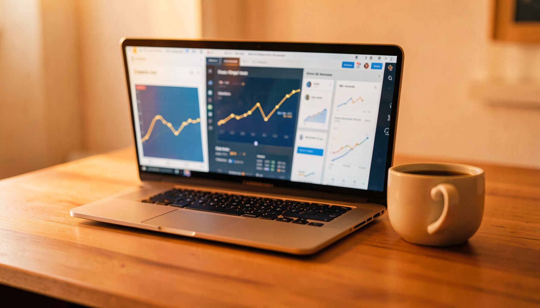 Scrivania moderna con laptop aperto, taccuino e una tazza di caffè, illuminata da una luce calda e soffusa; sullo schermo si intravedono grafici e dashboard di eCommerce in tonalità blu e oro.